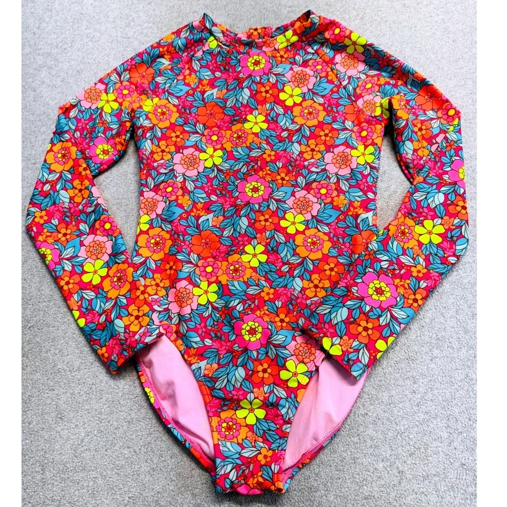 Cat & Jack One Piece Swimsuit Girls Size L 10/12 Pink Floral Tropical Mod Retro